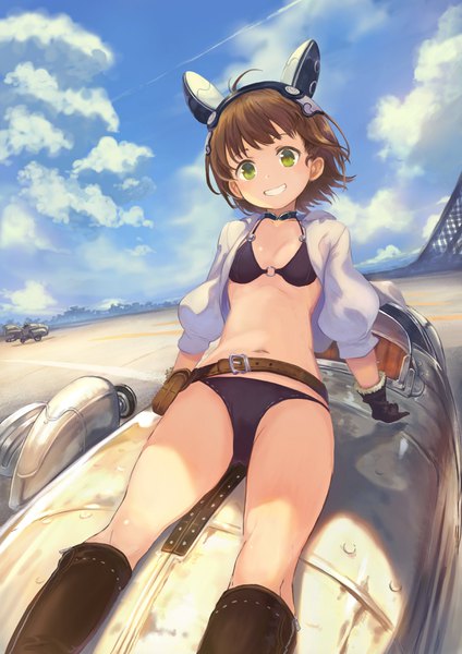Anime picture 2480x3508 with original igarashi youhei single tall image looking at viewer blush highres breasts light erotic smile brown hair green eyes sky cloud (clouds) ahoge arm support leaning girl gloves swimsuit