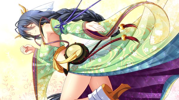 Anime picture 1280x720 with sengoku hime 4 long hair black hair smile wide image game cg braid (braids) eyes closed traditional clothes japanese clothes girl detached sleeves kimono