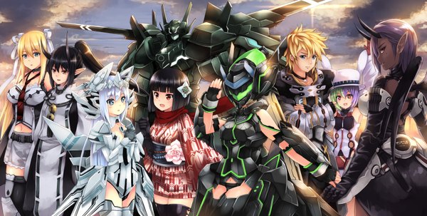 Anime picture 1680x850 with phantasy star phantasy star online 2 original sega fukube tamaki kouno hikaru long hair short hair blue eyes light erotic black hair blonde hair red eyes wide image multiple girls sky purple hair white hair ponytail traditional clothes