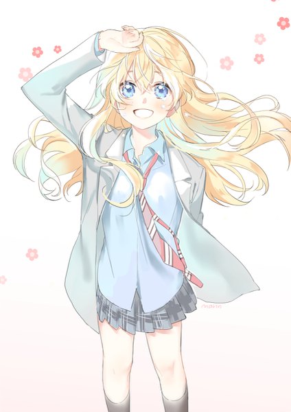 Anime picture 849x1200 with shigatsu wa kimi no uso a-1 pictures miyazono kaori marin (myuy 3) single long hair tall image blush fringe blue eyes simple background blonde hair smile hair between eyes signed from above wind tears gradient background looking up