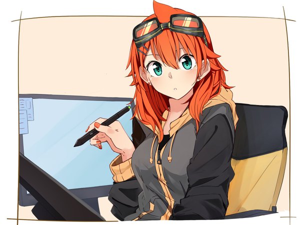 Anime-Bild 1600x1200 mit original amano tora kazenoko single long hair looking at viewer blush fringe hair between eyes nail polish aqua eyes fingernails orange hair :o piercing ear piercing framed goggles on head orange nail polish girl