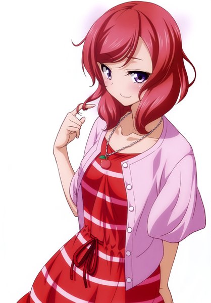 Anime picture 2133x3062 with love live! school idol project sunrise (studio) love live! nishikino maki inou shin single tall image looking at viewer blush highres short hair simple background white background purple eyes red hair light smile scan girl dress pendant