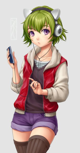 Anime picture 892x1691 with original kotikomori single tall image short hair simple background signed pink eyes green hair grey background open clothes open jacket watermark girl thighhighs black thighhighs jacket shorts headphones short shorts