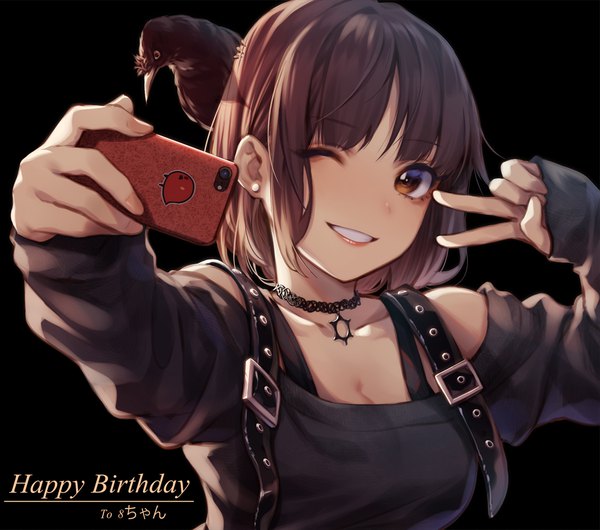 Anime picture 1100x972 with original de da xianyu single looking at viewer fringe short hair breasts simple background smile brown hair holding brown eyes cleavage upper body one eye closed arm up grin black background victory happy birthday