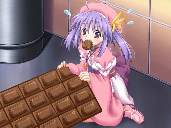 Anime picture 1024x768 with looking at viewer blush purple eyes holding purple hair mouth hold eating saliva minigirl girl dress ribbon (ribbons) hat food sweets chocolate tiles pink dress garbage can