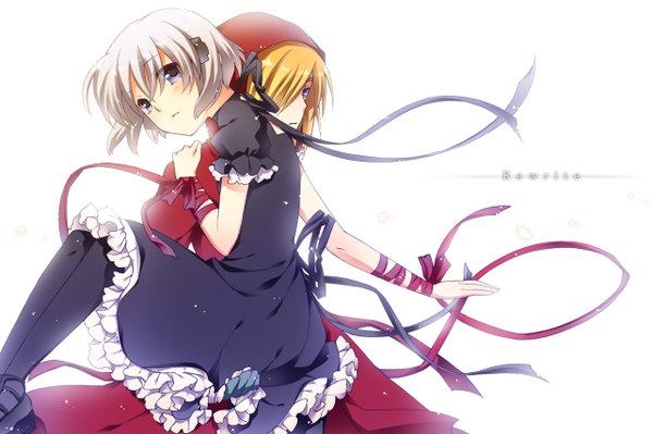 Anime picture 1282x854 with rewrite kagari (rewrite) midow touon fringe short hair simple background blonde hair white background sitting grey hair hair over one eye grey eyes wallpaper frilled dress girl dress ribbon (ribbons) frills black dress