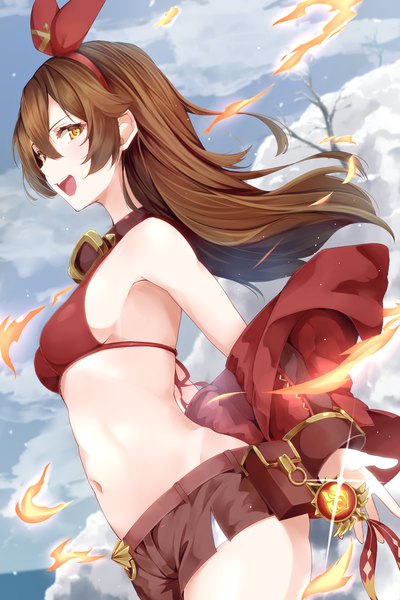 Anime picture 1000x1500 with genshin impact amber (genshin impact) ekusera single long hair tall image fringe breasts open mouth light erotic smile hair between eyes brown hair standing yellow eyes payot sky cloud (clouds) outdoors :d