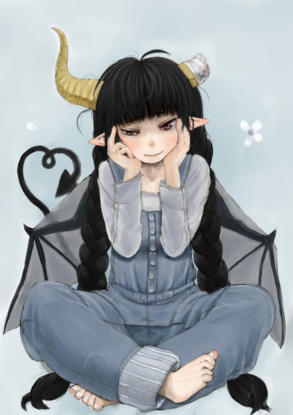 Anime picture 1000x1414 with original ebi (ebimomo) single long hair tall image fringe black hair simple background red eyes sitting ahoge tail braid (braids) barefoot horn (horns) light smile twin braids blue background demon tail demon wings