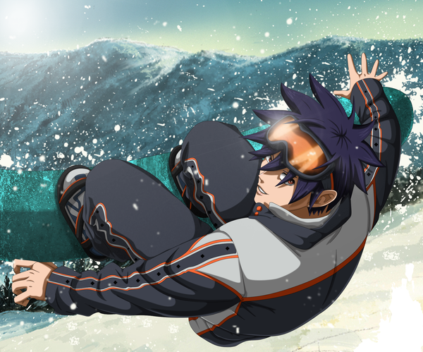 Anime picture 2000x1664 with air gear toei animation minami itsuki flowerinhell single looking at viewer highres short hair blue hair sky orange eyes grin coloring snowing winter snow photo background boy plant (plants) tree (trees)
