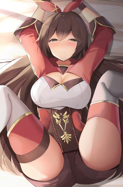 Anime picture 959x1458 with genshin impact amber (genshin impact) houraku single long hair tall image looking at viewer blush fringe breasts light erotic hair between eyes brown hair brown eyes cleavage lying from above arms up on back spread legs