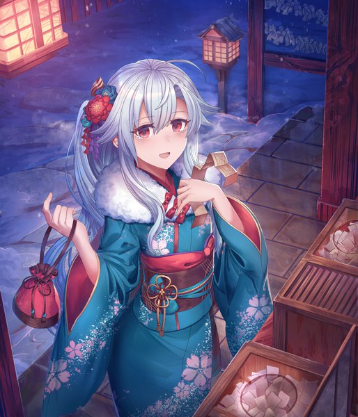 Anime picture 2394x2793 with original shichigatsu single long hair tall image looking at viewer blush fringe highres open mouth smile hair between eyes red eyes standing holding payot silver hair ahoge outdoors traditional clothes