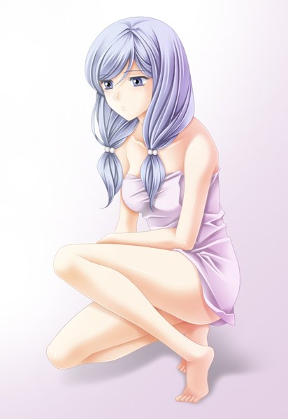 Anime picture 1100x1600 with fire emblem ilyana tamamon single long hair tall image blue eyes light erotic twintails looking away silver hair full body low twintails squat naked towel girl towel
