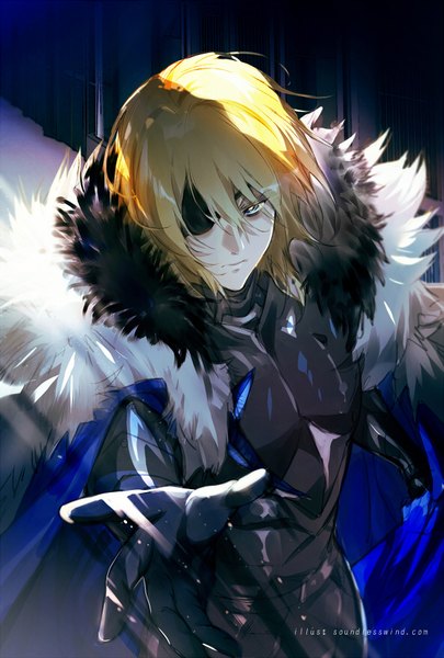 Anime picture 590x874 with fire emblem fire emblem: three houses nintendo dimitri alexandre blaiddyd kaze-hime single tall image looking at viewer fringe short hair blue eyes blonde hair hair between eyes standing signed fur trim outstretched hand boy gloves black gloves