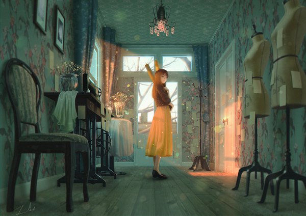 Anime picture 1500x1061 with original tamaki (tamaki illust) single long hair looking at viewer fringe black hair standing brown eyes signed full body indoors sunlight turning head girl skirt shoes curtains chair table