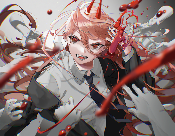 Anime picture 4500x3500 with chainsaw man mappa power (chainsaw man) suzuki (atela lala) single looking at viewer fringe highres open mouth hair between eyes red eyes absurdres red hair very long hair :d horn (horns) teeth sharp teeth girl shirt