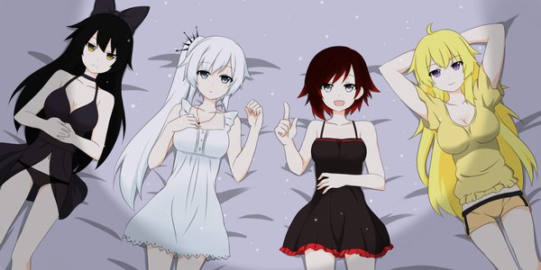 Anime picture 4000x2000 with rwby rooster teeth ruby rose weiss schnee blake belladonna yang xiao long shikniful long hair highres short hair open mouth light erotic black hair blonde hair smile wide image multiple girls yellow eyes white hair ponytail