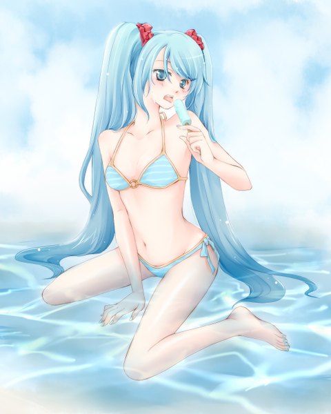 Anime picture 1024x1280 with vocaloid hatsune miku shima riu (artist) long hair tall image twintails aqua eyes aqua hair licking girl navel swimsuit bikini food sweets ice cream striped bikini