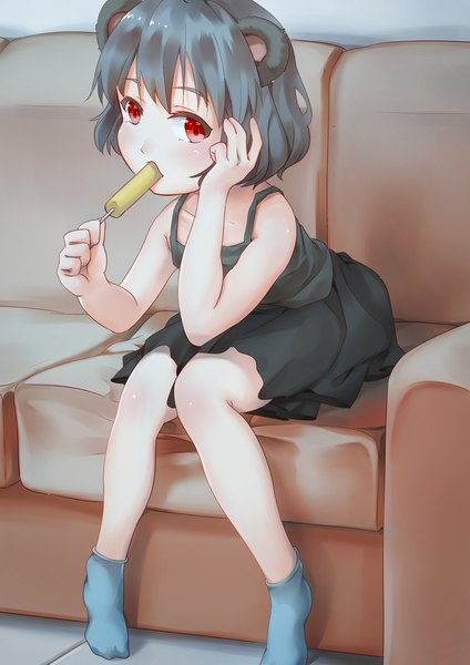 Anime picture 2480x3508 with touhou nazrin chen bin single tall image fringe highres short hair light erotic red eyes sitting holding animal ears grey hair leaning no shoes leaning forward sleeveless mouth hold adjusting hair
