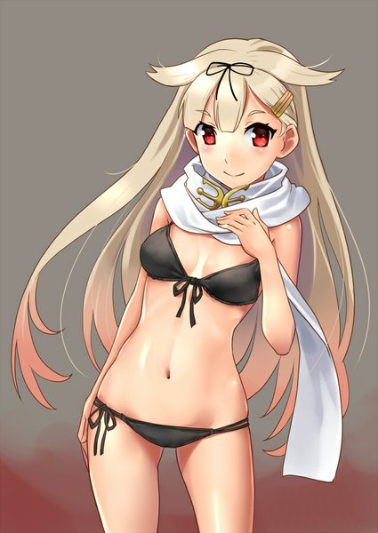 Anime picture 637x900 with kantai collection yuudachi destroyer katahira masashi single long hair tall image looking at viewer blush breasts light erotic blonde hair smile red eyes bare belly remodel (kantai collection) girl navel hair ornament swimsuit bikini