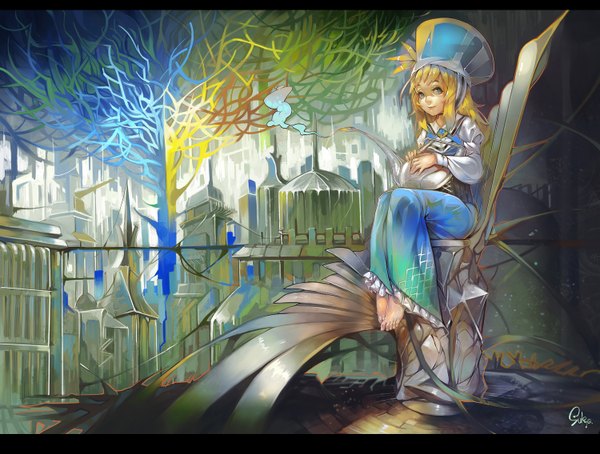Anime picture 1500x1136 with original sukya (artist) single long hair blue eyes blonde hair smile sitting barefoot girl dress plant (plants) hat tree (trees) lamp