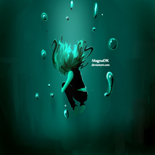 Anime picture 900x900 with original magnadk single long hair black hair bare shoulders signed barefoot underwater embryo's pose girl water bubble (bubbles)