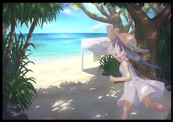Anime picture 2047x1447 with original hirose yuki single long hair looking at viewer highres open mouth blue eyes black hair smile sky sleeveless beach running girl dress plant (plants) hat tree (trees) white dress