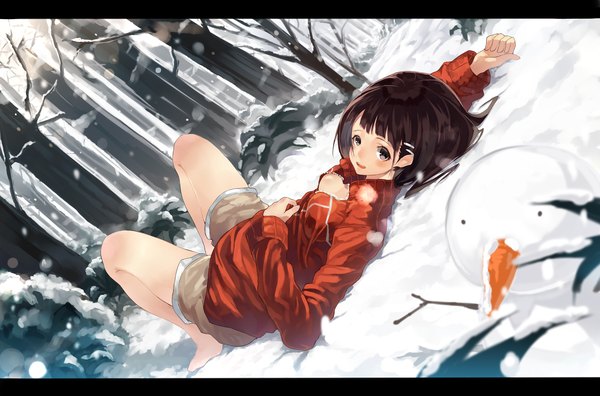 Anime picture 2650x1750 with sword art online a-1 pictures kirigaya suguha hajime kaname blush highres short hair black hair brown eyes lying snowing letterboxed winter snow girl hair ornament plant (plants) tree (trees) shorts bobby pin