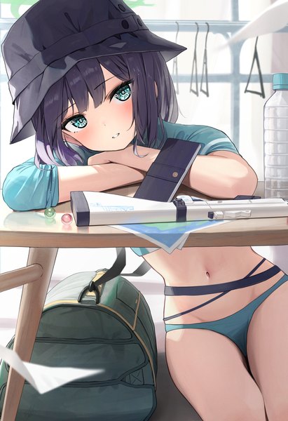 Anime picture 1777x2592 with blue archive saki (blue archive) saki (swimsuit) (blue archive) hidulume single tall image looking at viewer blush highres short hair light erotic black hair sitting aqua eyes official alternate costume girl navel weapon swimsuit hat