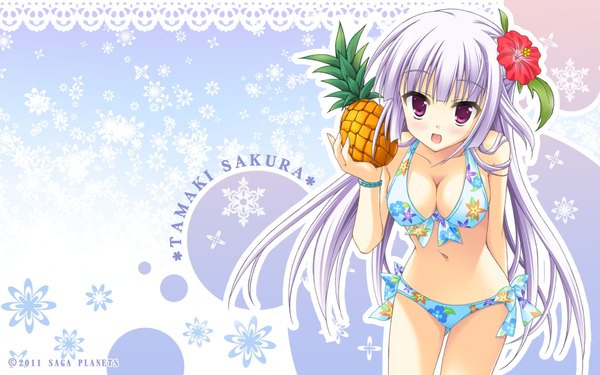 Anime picture 1920x1200 with hatsuyuki sakura tamaki sakura moribe (rabumanyo) single long hair highres open mouth light erotic wide image purple hair white hair pink eyes hair flower girl navel hair ornament swimsuit bikini fruit floral print bikini