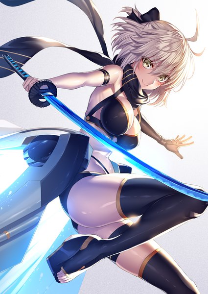 Anime picture 836x1180 with fate (series) fate/grand order okita souji (fate) (all) okita souji (swimsuit assassin) (fate) heirou single tall image looking at viewer blush fringe short hair breasts light erotic simple background blonde hair smile hair between eyes large breasts holding yellow eyes