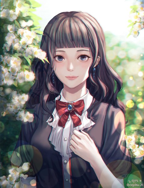 Anime picture 1000x1306 with original soyubee single long hair tall image looking at viewer blush fringe blue eyes black hair standing signed payot upper body outdoors blunt bangs light smile lips blurry short sleeves