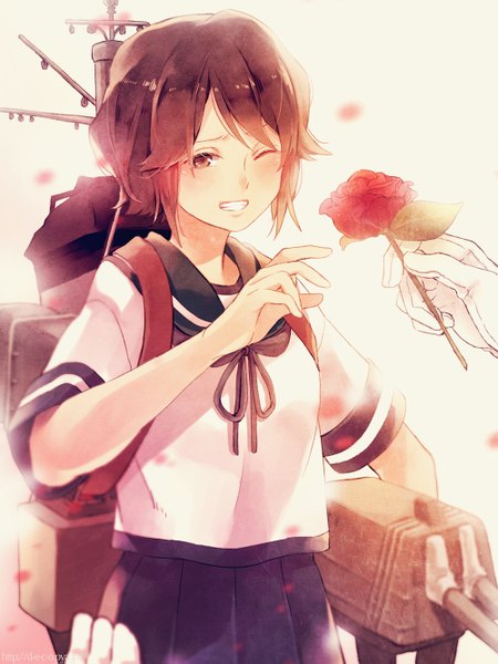 Anime picture 1000x1333 with kantai collection admiral (kantai collection) miyuki destroyer deco (geigeki honey) tall image blush short hair brown hair one eye closed wink watermark girl boy skirt gloves flower (flowers) weapon petals white gloves rose (roses)