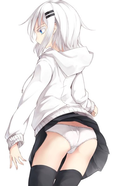 Anime picture 1000x1614 with original ringo-chan (otokuyou) otokuyou single tall image fringe short hair light erotic simple background standing white background white hair profile pleated skirt from behind skirt lift girl thighhighs skirt black thighhighs