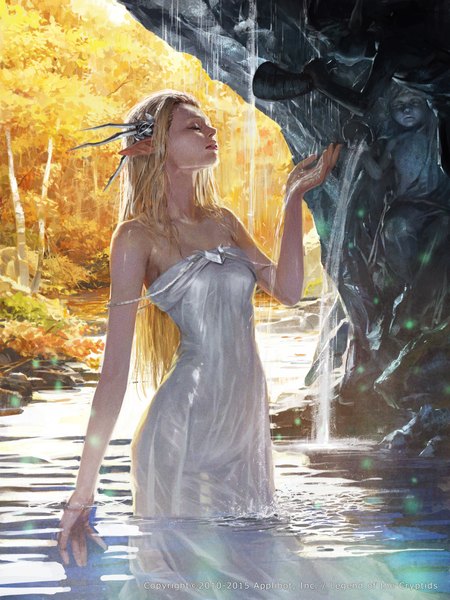 Anime picture 3000x4000 with totorrl (artist) long hair tall image highres blonde hair standing bare shoulders eyes closed horn (horns) pointy ears realistic wet sleeveless outstretched arm wet clothes girl dress hair ornament plant (plants) tree (trees)