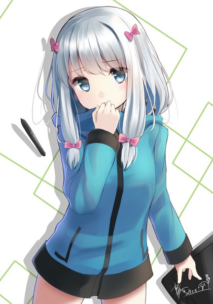 Anime picture 992x1416 with eromanga sensei a-1 pictures izumi sagiri makadamia single long hair tall image looking at viewer blush blue eyes signed silver hair head tilt hand to mouth girl bow hair bow jacket stylus drawing tablet