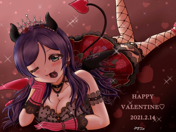 Anime picture 2048x1536 with love live! school idol project sunrise (studio) love live! toujou nozomi msp gclove single long hair looking at viewer blush highres breasts simple background smile large breasts holding signed cleavage purple hair tail lying
