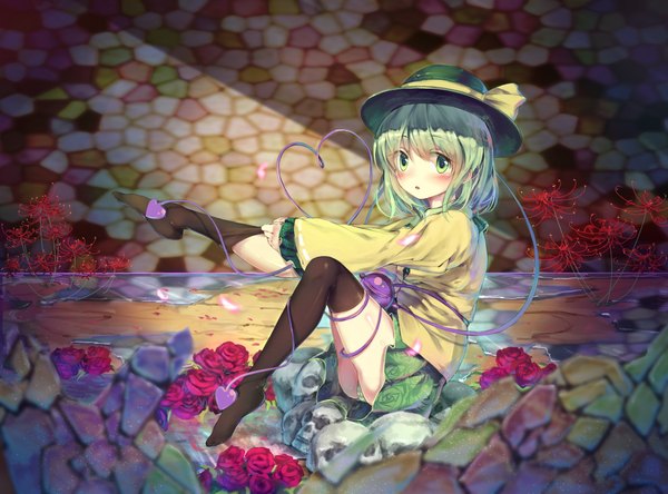 Anime picture 2104x1560 with touhou komeiji koishi chu qing single looking at viewer blush highres short hair open mouth light erotic green eyes green hair pantyshot girl thighhighs skirt underwear panties flower (flowers) black thighhighs