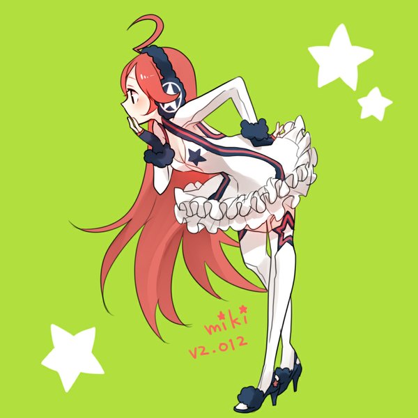 Anime picture 1000x1000 with vocaloid miki (vocaloid) koyubi single long hair blush simple background standing ahoge red hair profile black eyes inscription hand on hip finger to mouth hand on face green background mechanical parts robot joints girl