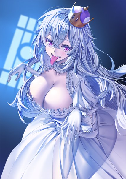 Anime picture 634x895 with super mario bros. new super mario bros. u deluxe princess king boo heirou single long hair tall image looking at viewer blush fringe breasts open mouth light erotic hair between eyes large breasts payot cleavage silver hair pink eyes shadow
