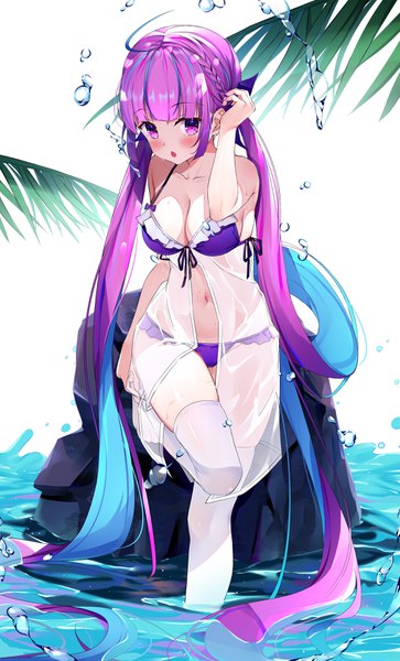 Anime picture 2126x3508 with virtual youtuber hololive minato aqua cqingwei single tall image looking at viewer blush fringe highres breasts open mouth light erotic simple background large breasts standing white background purple eyes bare shoulders payot