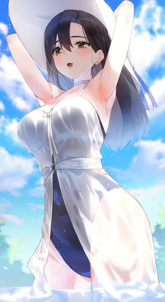 Anime picture 674x1230 with original kfr single long hair tall image looking at viewer blush fringe breasts open mouth light erotic black hair hair between eyes standing brown eyes sky cloud (clouds) outdoors arms up :o