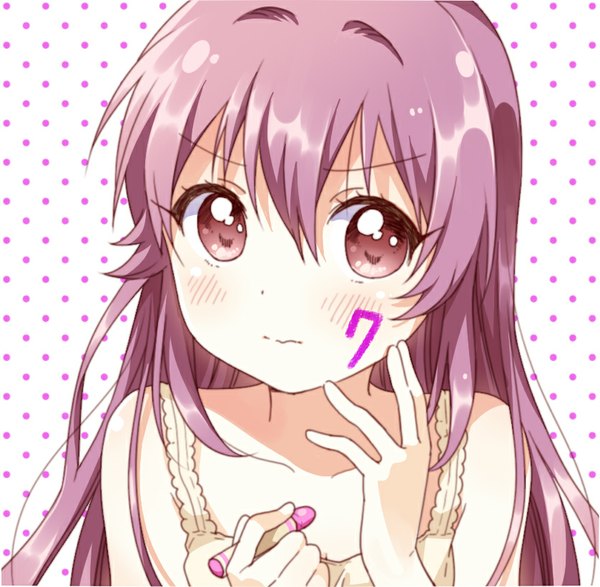 Anime picture 839x821 with yuru yuri doga kobo sugiura ayano namori single long hair looking at viewer blush fringe purple eyes purple hair polka dot casual polka dot background girl crayon