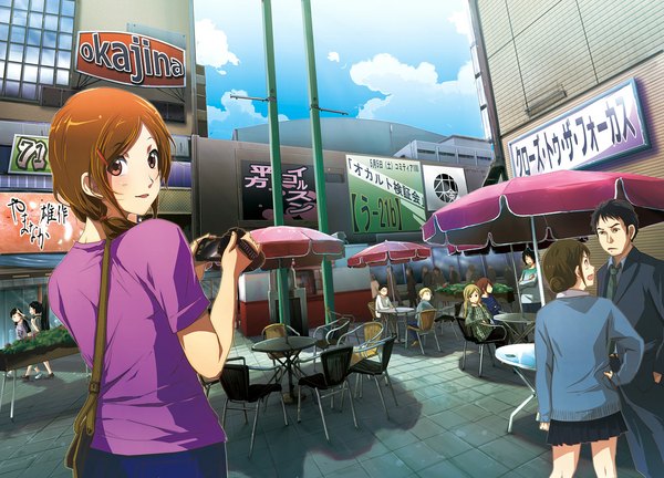 Anime picture 1180x850 with original 71 long hair open mouth red eyes brown hair looking back city girl building (buildings) bag chair table camera people