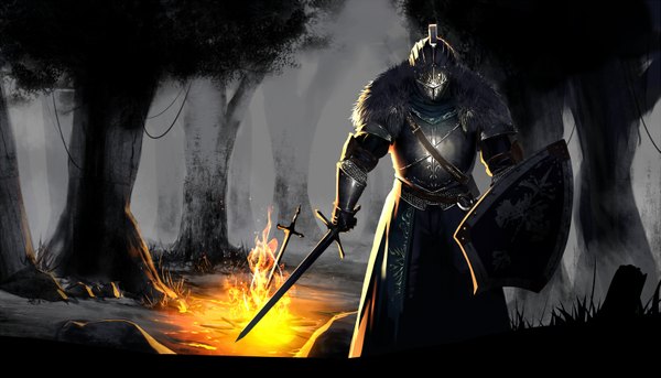 Anime picture 1637x937 with dark souls (series) from software undead hero (dark souls 2) hullabaloo single wide image holding leaning wallpaper looking down fog boy gloves weapon plant (plants) sword tree (trees) armor fur grass