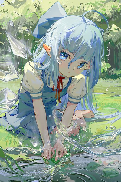 Anime picture 1348x2021 with touhou cirno ayaxno single tall image looking at viewer blush fringe open mouth blue eyes hair between eyes sitting blue hair full body ahoge outdoors very long hair barefoot pointy ears short sleeves