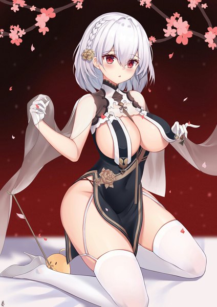 Anime picture 724x1024 with azur lane manjuu (azur lane) sirius (azur lane) sirius (azure horizons) (azur lane) angel no shousou single tall image looking at viewer blush fringe short hair breasts open mouth light erotic simple background hair between eyes red eyes large breasts signed payot