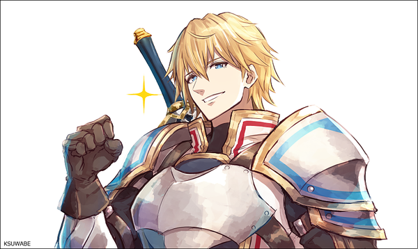Anime picture 888x530 with virtual youtuber nijisanji ex albio k-suwabe single fringe short hair blue eyes simple background blonde hair hair between eyes wide image white background signed knight boy gloves weapon sword armor