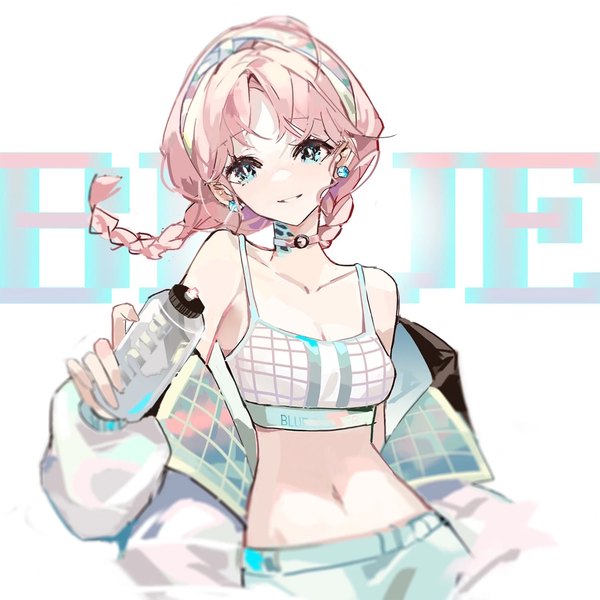 Anime picture 1500x1500 with arknights blue poison (arknights) blue poison (shoal beat) (arknights) taiz22 single long hair looking at viewer blue eyes smile white background holding pink hair upper body braid (braids) open jacket midriff character names twin braids official alternate costume girl