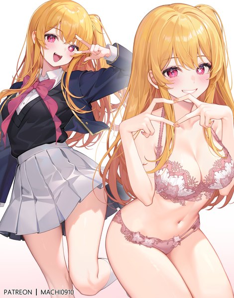 Anime picture 3135x4000 with oshi no ko hoshino ruby machi (7769) long hair tall image looking at viewer blush fringe highres breasts open mouth light erotic simple background blonde hair smile hair between eyes large breasts white background signed payot