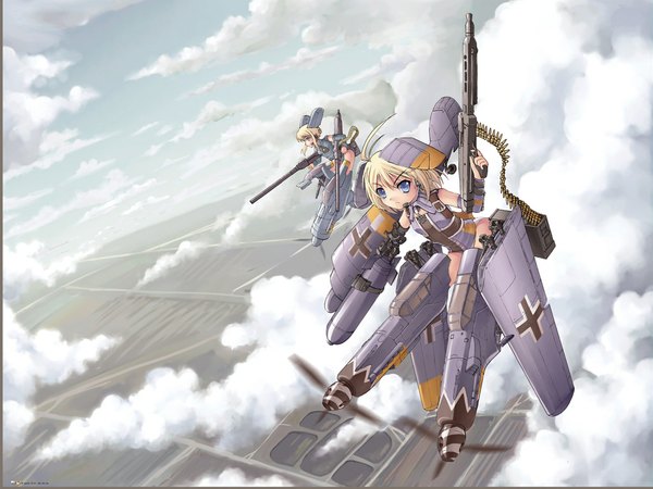 Anime picture 1024x768 with strike witches jak short hair blue eyes blonde hair ahoge flying mecha musume wwii gun striker units